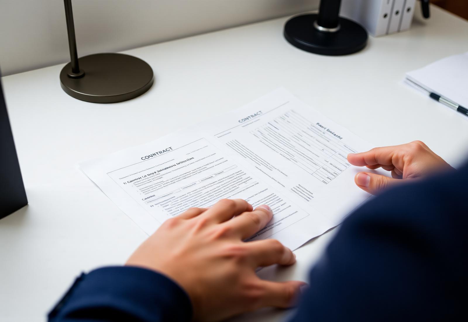 Custom home builder contract and specification documents on a desk