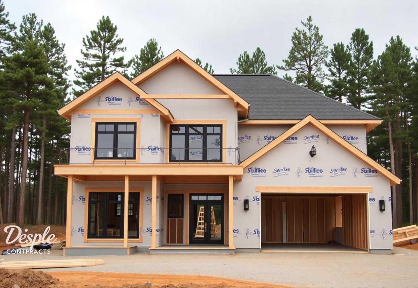 Luxury estate home under construction among tall pines