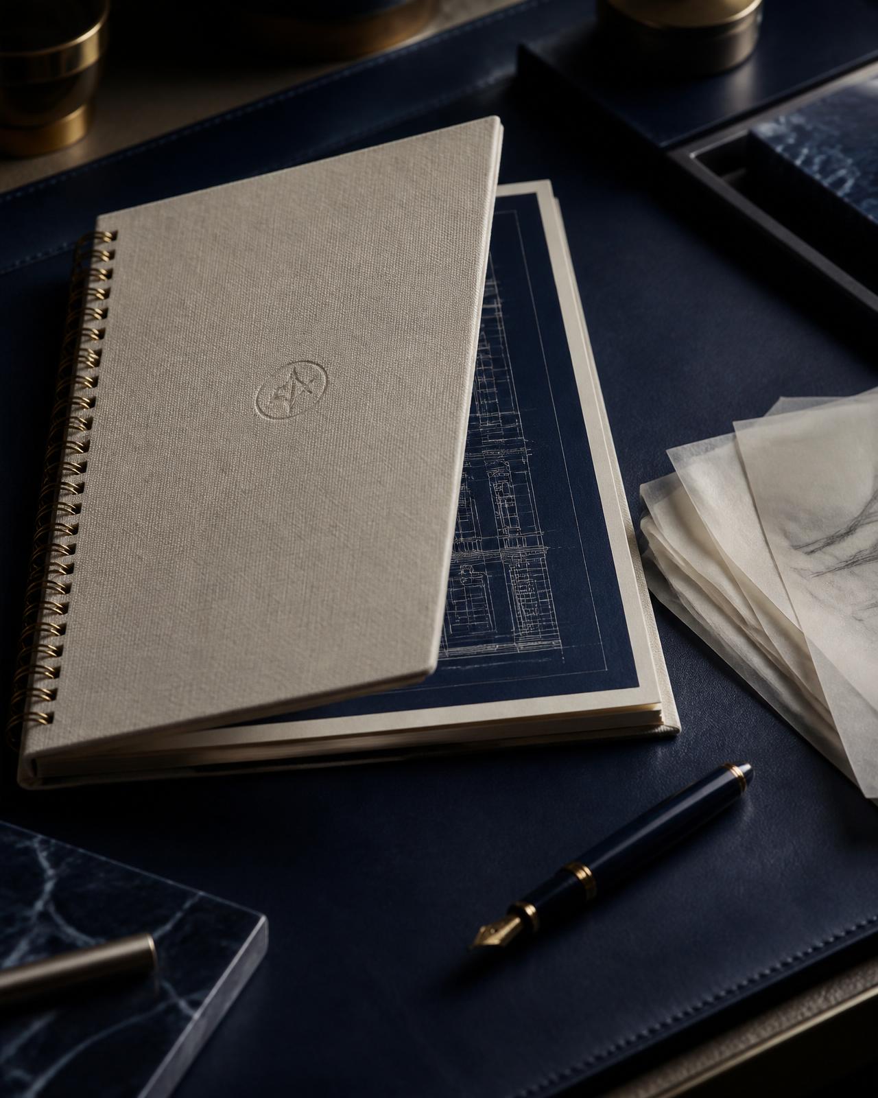A spiral-bound planning manual and blueprint on a leather desk