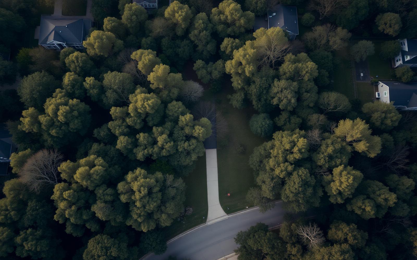 Aerial view of a wooded residential lot in Houston